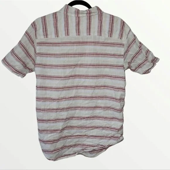 Columbia Button Up Shirt Mens Size M Short Sleeve Beige Red Gray Stripe - Picture 6 of 8